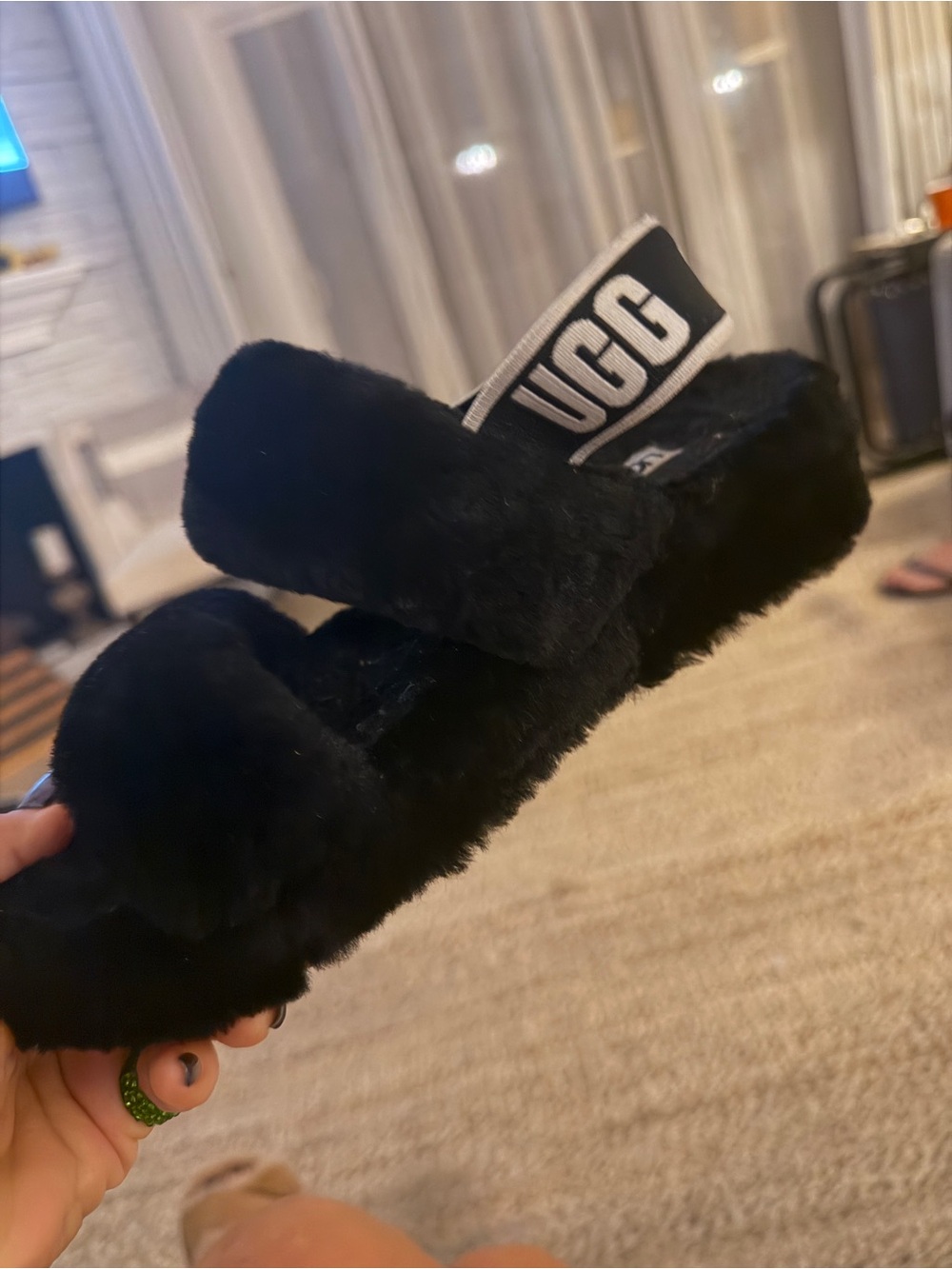 UGG Black Fluff Slide with Logo Elastic Heel Strap